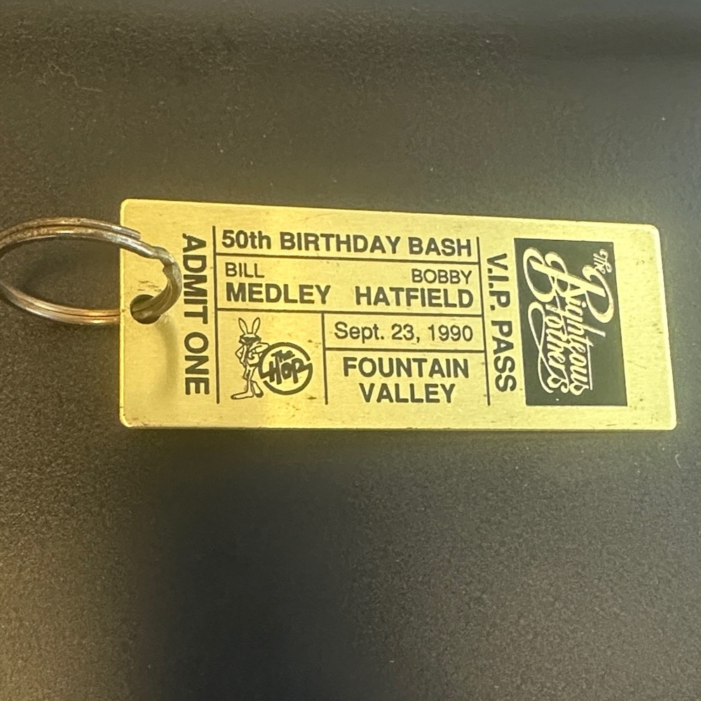 Vintage gold metal 50th Birthday Bash VIP Pass/ticket Keychain